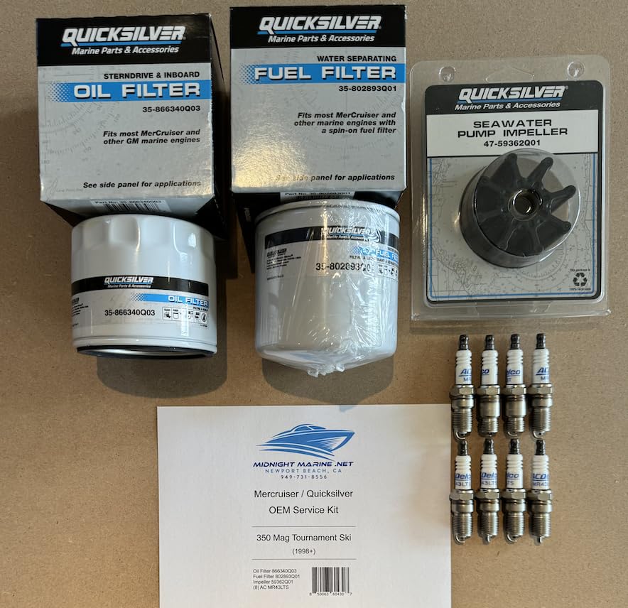Mercruiser 350 Mag MPI Touramnet SKI 1998+ 5.7L Quicksilver OEM Midnight Marine Service Kit : Fuel & Oil Filter(s), Impeller, and (8) Spark Plugs Malibu Supreme Sanger Centurion Tige Calabria