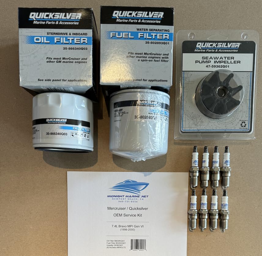 Midnight Marine OEM Service Kit 7.4L 454 Bravo MPI Gen VI (L29) 1998-2000 Quicksilver Mercruiser: Fuel & Oil Filter(s), Impeller, and Spark Plugs