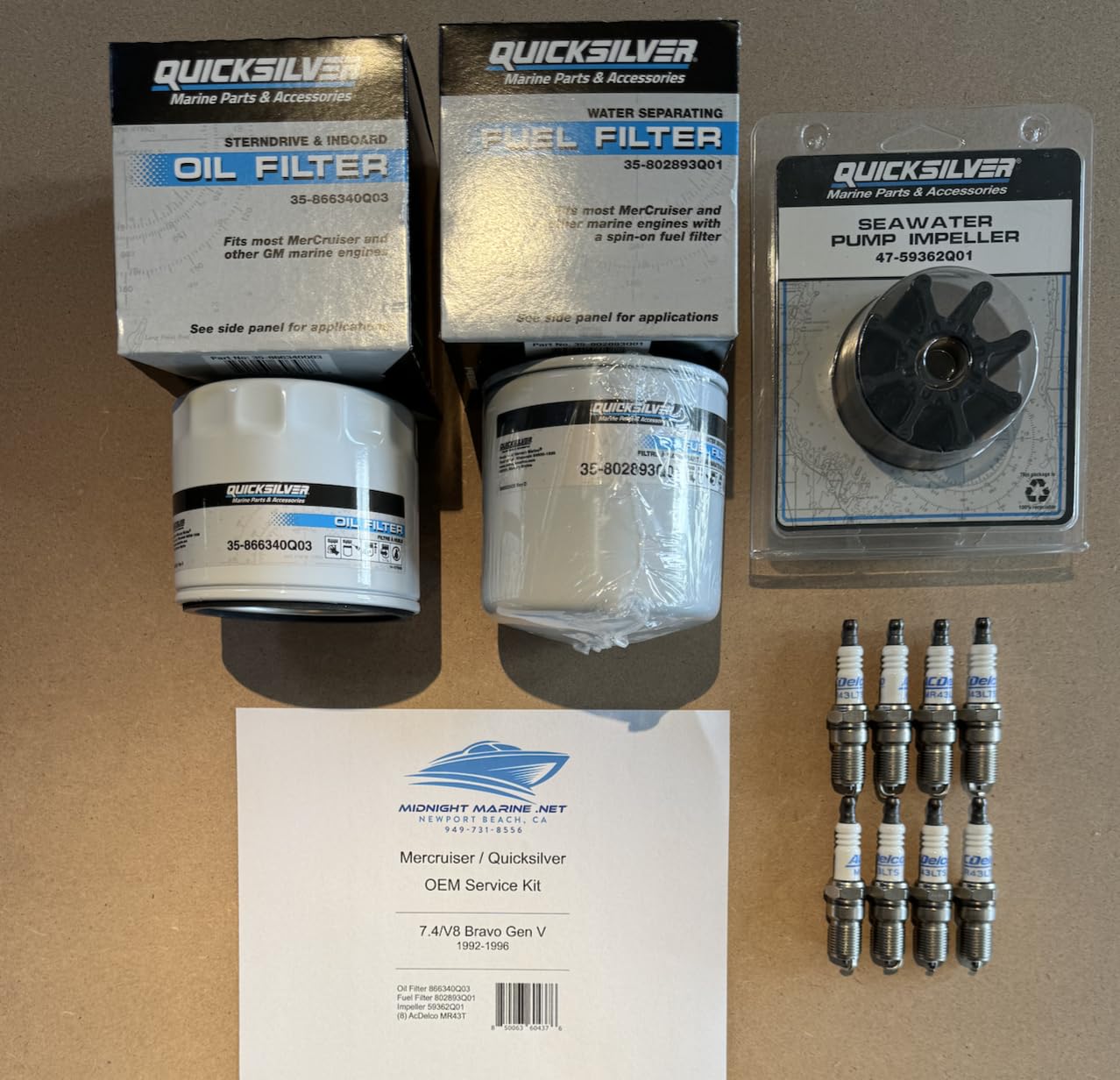 7.4/V8 454 Bravo OEM Service Kit(1992-1996 Carb) Gen V Mercruiser/Quicksilver includes: Fuel & Oil Filter, Impeller, and AC Spark Plugs