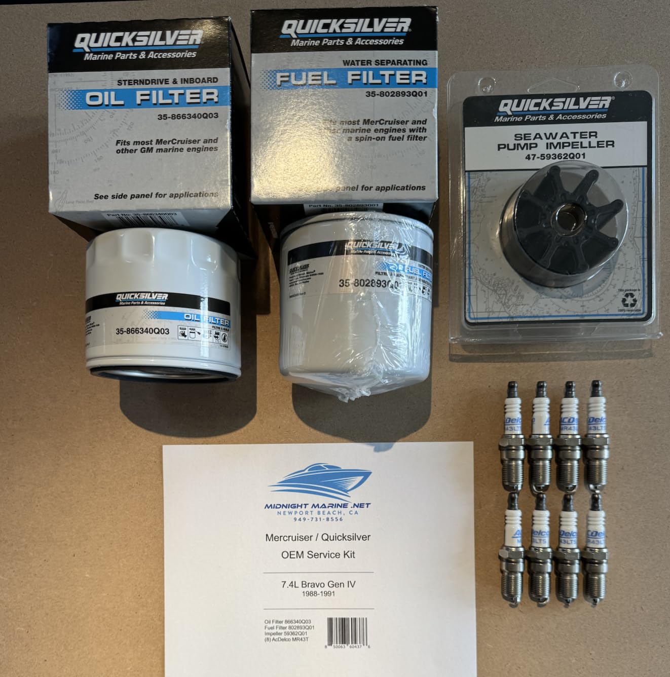 7.4L 454 V8 Bravo OEM Service Kit(1988-91) Gen IV (Thunderbolt Ignition/Power Steering) Mercruiser/Quicksilver w/Fuel & Oil Filter, Impeller, and Spark Plugs