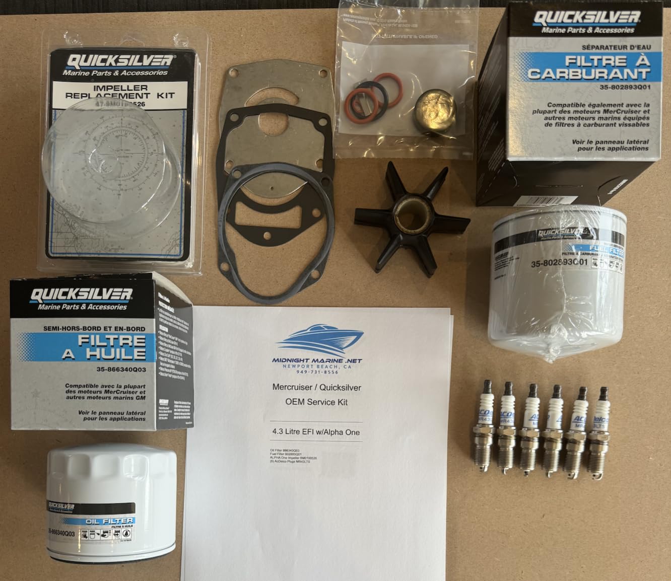 Midnight Marine OEM Service Kit 4.3L EFI Digital Ignition ALPHA One Quicksilver Mercruiser: Fuel & Oil Filter(s), Impeller, and AC Delc Spark Plugs