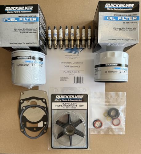 350 5.7L 5.0L V8 Thunderbolt Mercruiser Quicksilver OEM Service Kit: Fuel & Oil Filter(s), Impeller, and "SHORT TREAD" Spark Plugs Pre~1996