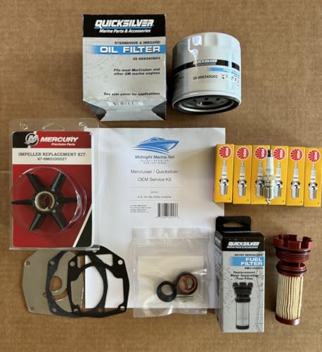 4.5L / 6.2L MPI (2014)+ Mercruiser Maintenance Kit 200/250/300/350 EC (Alpha or Bravo) Midnight Marine: Fuel & Oil Filter(s), Impeller, and NGK Spark Plugs