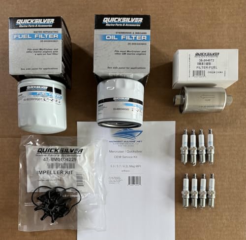 5.0L 5.7L 6.2L MAG MPI 350 w/BRAVO Mercruiser Quicksilver OEM Service Kit; Fuel & Oil Filter(s), Impeller, & AC Delc Spark Plugs - Master kit includes Distributor Cap/Rotor & Plug Wires