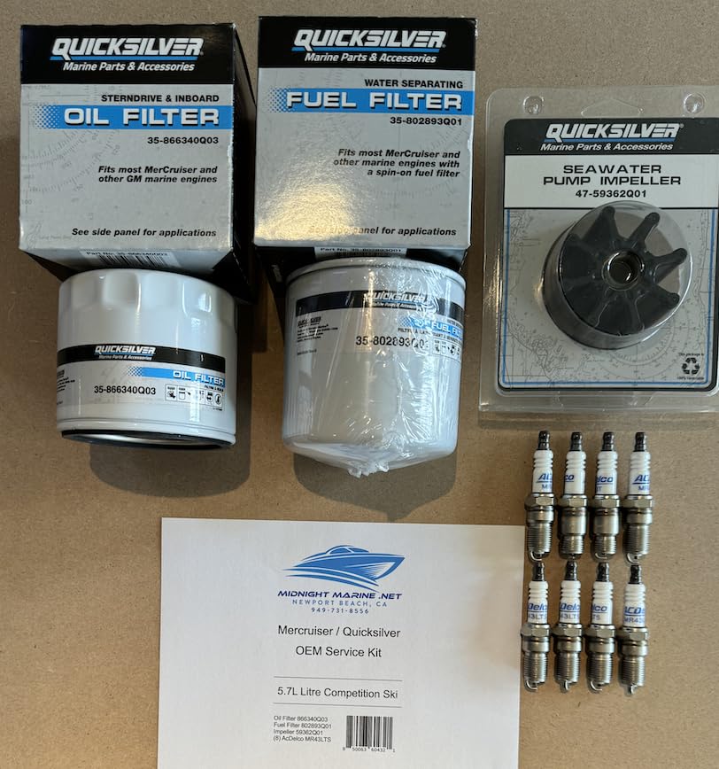 Mercruiser 5.7 Litre Competition SKI 350 1996+ 5.7L Quicksilver OEM Midnight Marine Service Kit: Fuel & Oil Filter(s), Impeller, and (8) Spark Plugs Malibu Supreme Sanger Centurion Tige Calabria