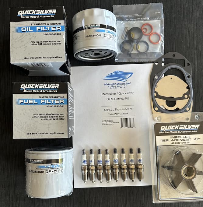 5.0L Mercruiser Thunderbolt V (1997+) with "Alpha Outdrive" OEM Service Kit: Fuel & Oil Filter(s), Impeller, and "LONG TREAD" Vortec Spark Plugs Quicksilver Midnight Marine V8 "Turn Key Start"