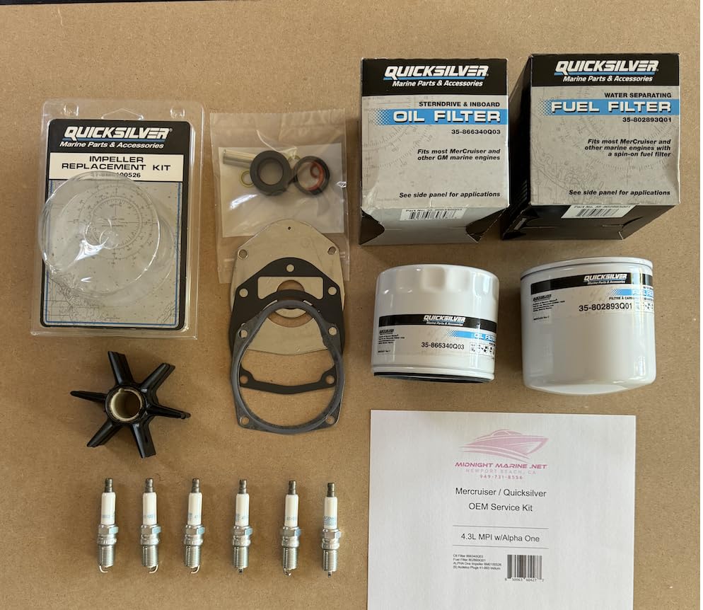4.3L MPI with "ALPHA" outdrive Quicksilver OEM Mercruiser Midnight Marine Service Kit: Fuel & Oil Filter(s), Impeller, and Ac Spark Plugs