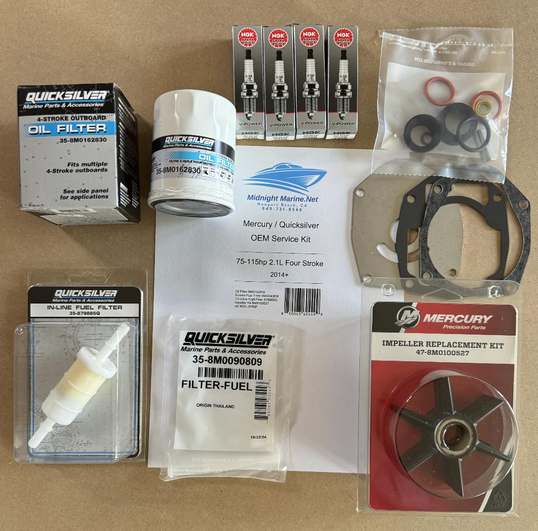 2014+ 75-115 HP Pro XS 2.1L 4-Stroke EFI Mercury/Quicksilver OEM Service Kit: Fuel & Oil Filter(s), Impeller, Spark Plugs 80 100 90hp s/n 2B094996+