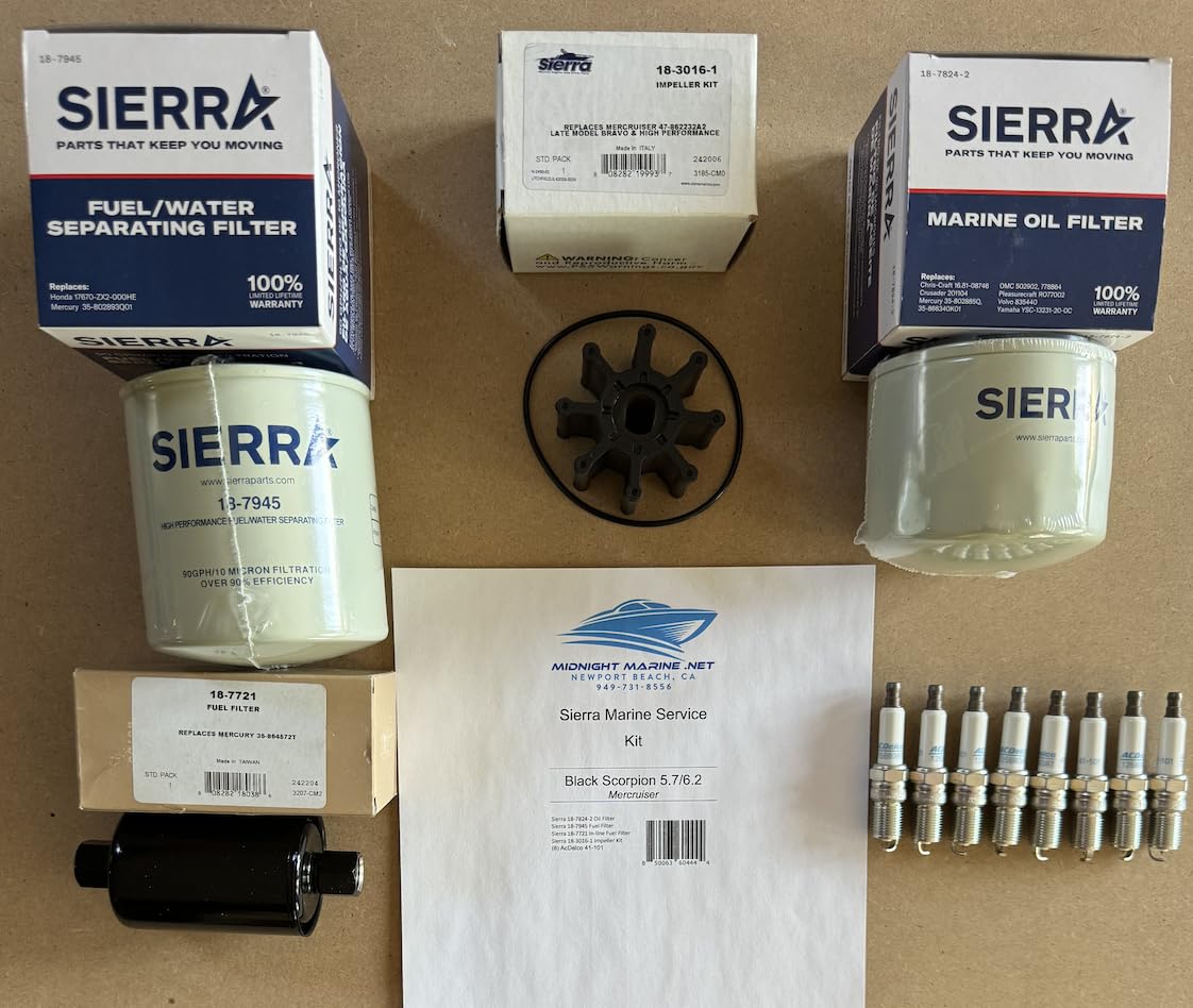 Black Scorpion 5.7L/6.2L Sierra Marine Service Kit Mercruiser: Fuel & Oil Filter, Impeller, Spark Plugs Malibu Sky Supreme Ski Sanger Centurion Tige Calabria