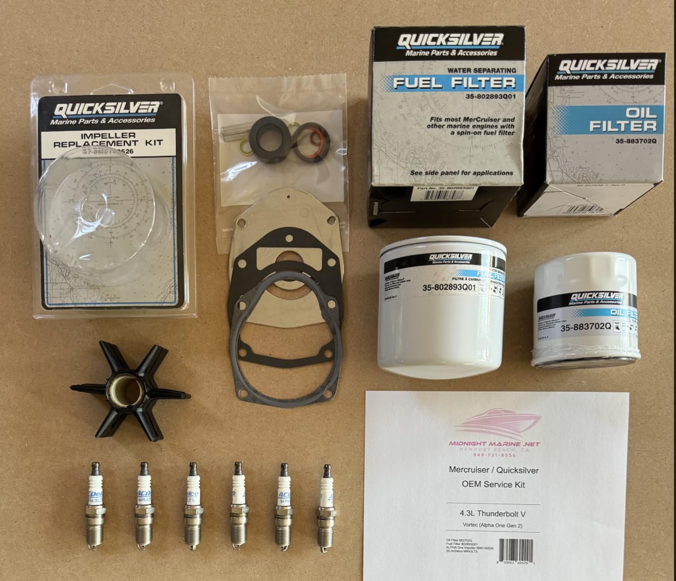 4.3L Thunderbolt V Ignition Vortec Quicksilver OEM Mercruiser Midnight Marine Service Kit : Fuel & Oil Filter(s), Impeller, and AC Delc Spark Plugs