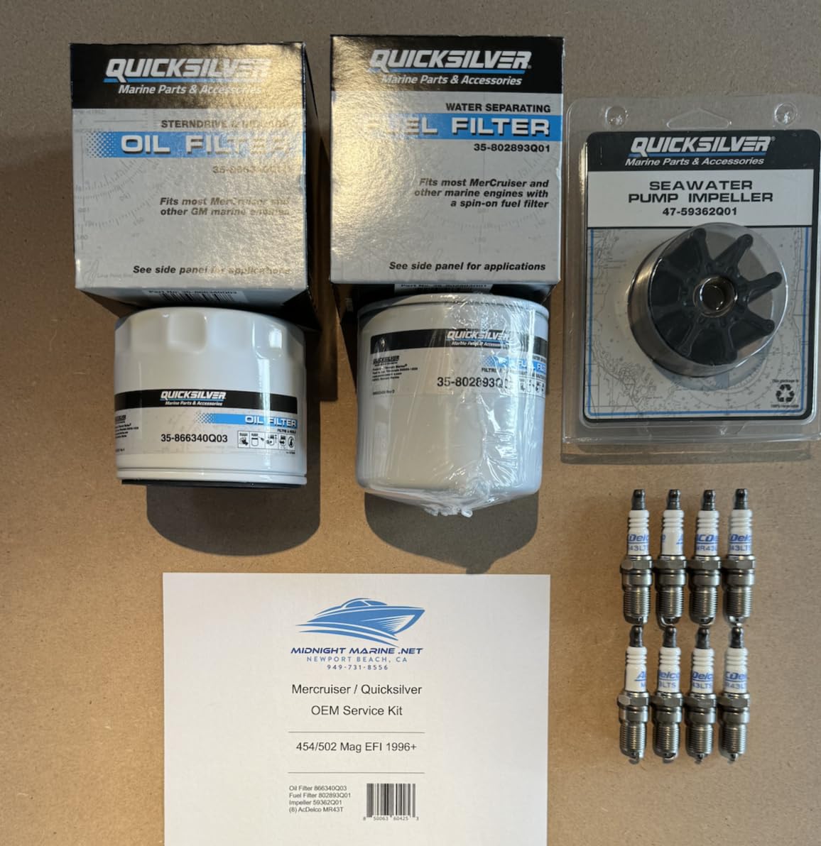 454/502 MAG EFI 1996+ Mercruiser Quicksilver OEM Service Kit: Fuel & Oil Filter(s), Impeller, and Spark Plugs