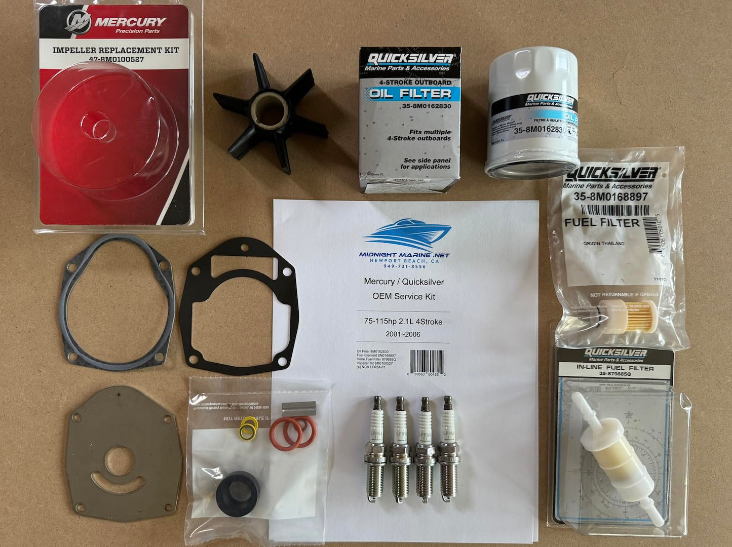 75-115 HP 4-Stroke EFI 2001-2006 Mercury/Quicksilver OEM Service Kit: Fuel & Oil Filter(s), Impeller, & Spark Plugs 80 100 90hp