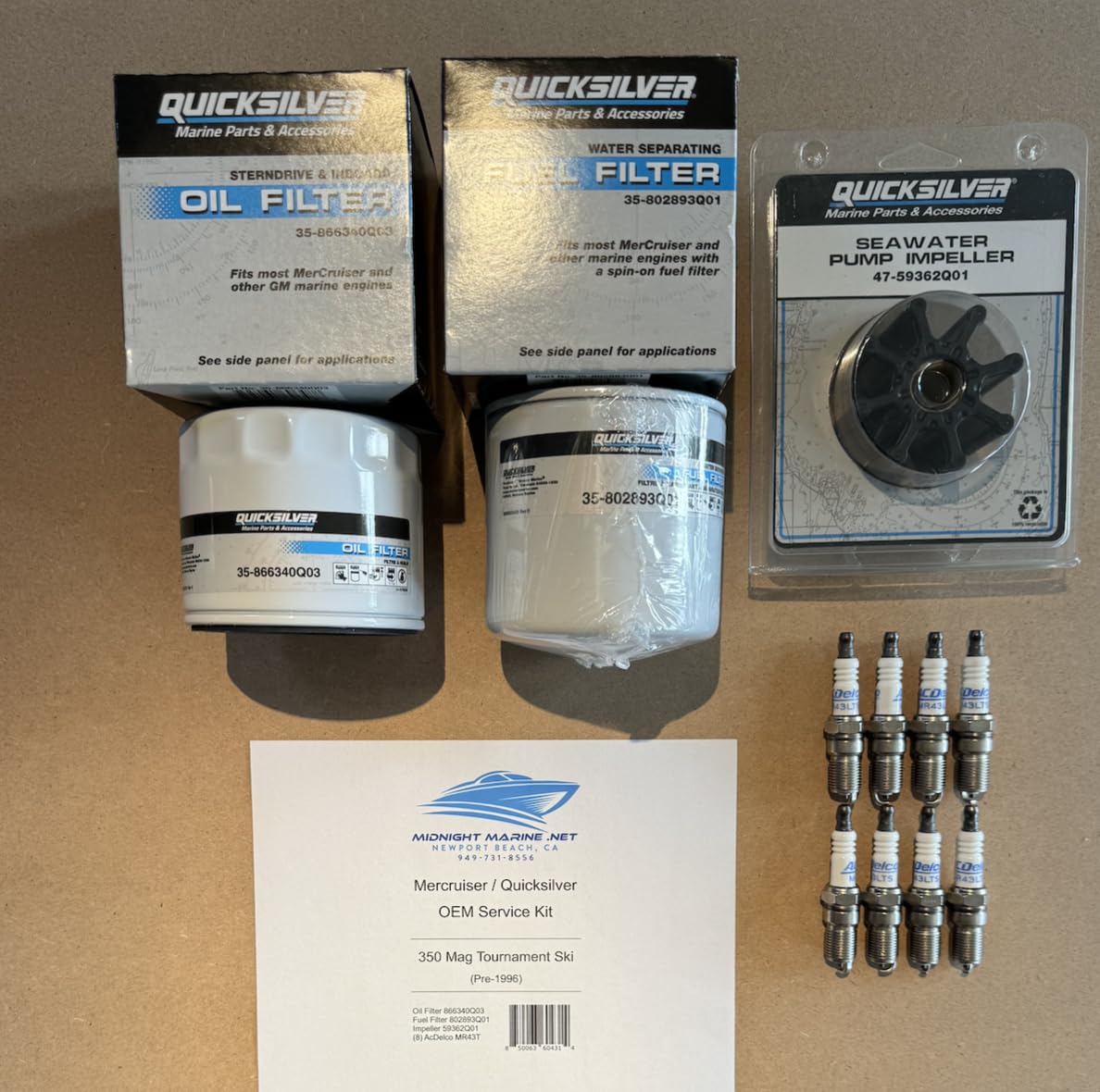 Mercruiser 350 Magnum Tournament SKI 5.7L (pre-1996) Quicksilver OEM Midnight Marine Service Kit: Fuel & Oil Filter, Impeller, and Spark Plugs Malibu Supreme Sanger Centurion Tige Calabria SkiRay