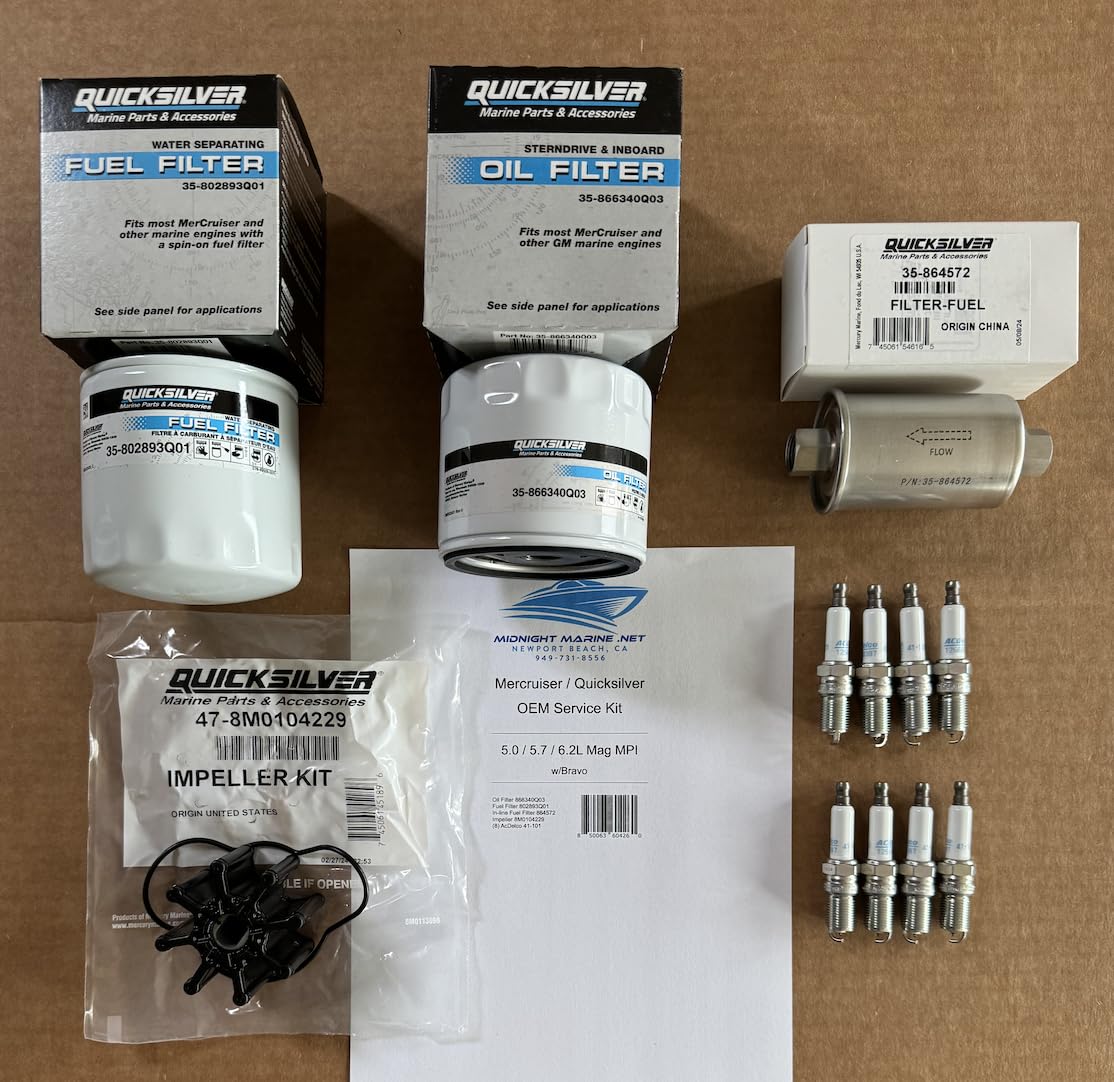 496 Mag/HO (2001+) 8.1L Quicksilver OEM Mercruiser Midnight Marine Service Kit: Fuel & Oil Filter(s), Impeller, and Spark Plugs