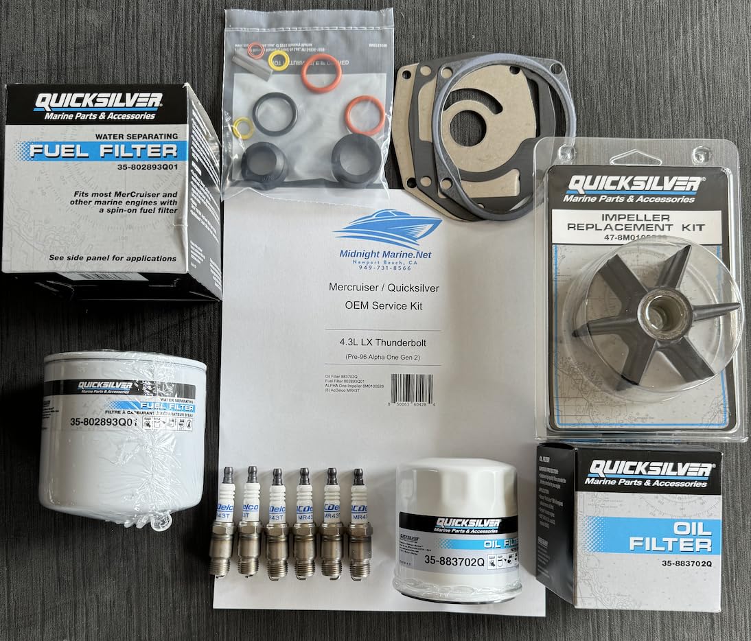 4.3LX / V6 (Pre-1996) ALPHA One Thunderbolt Quicksilver OEM Midnight Marine Service Kit Mercruiser: Fuel & Oil Filter(s), Impeller, and AC Delc Spark Plugs 4.3L