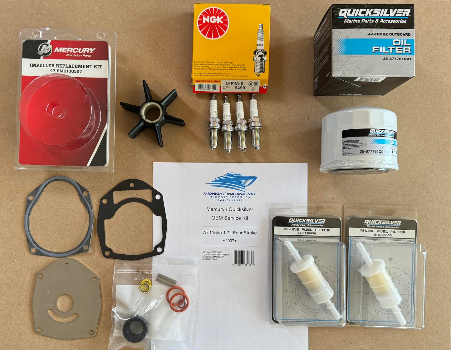 (2007-2013) 75-115 HP 4-Stroke EFI 1.7L Mercury/Quicksilver OEM Service Kit: Fuel & Oil Filter(s), Impeller, & Spark Plugs 80 100 90hp s/n 1B366823+