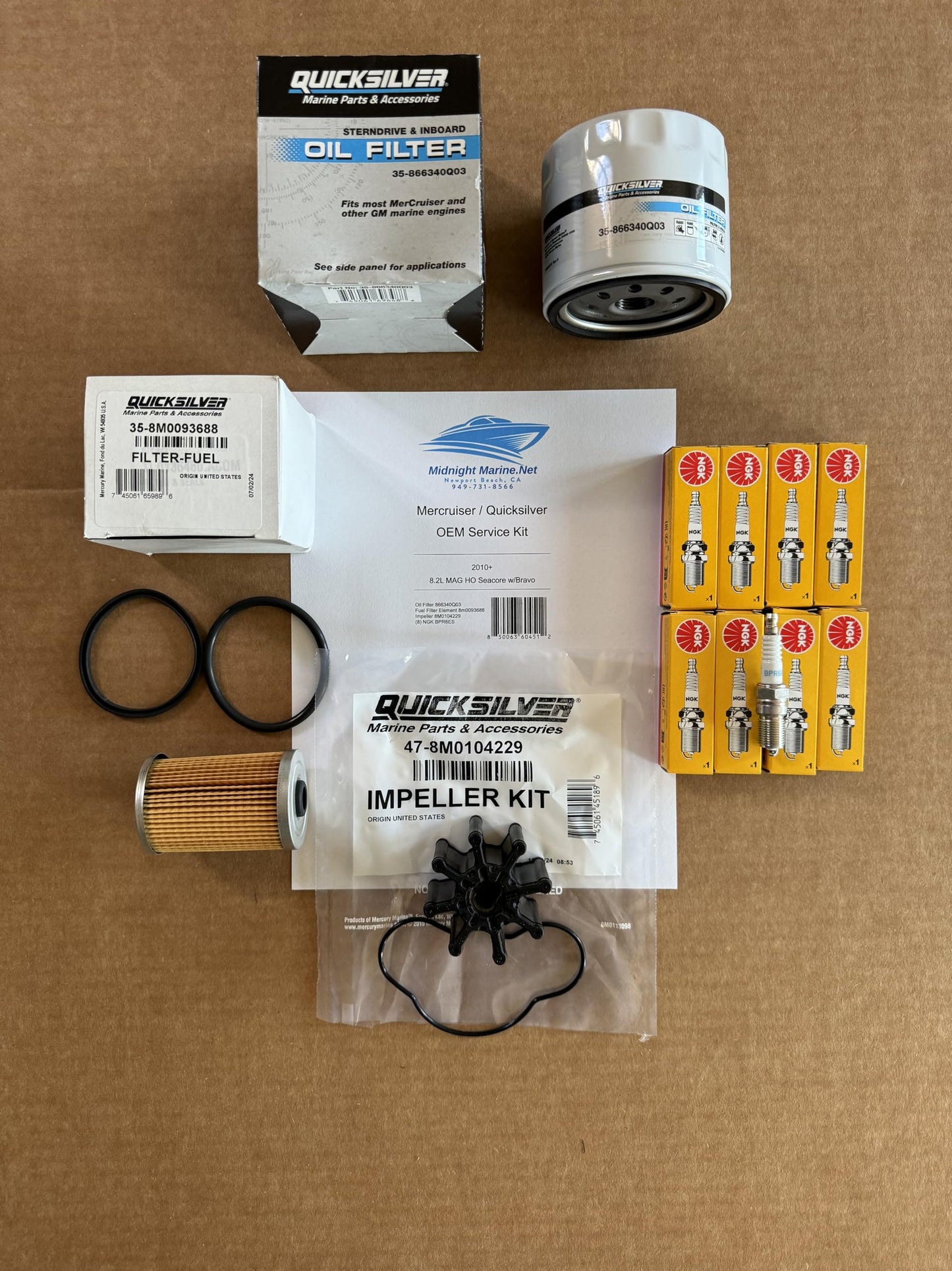 2010+ 8.2L MAG (HO) MPI EC CATALYST Quicksilver OEM Service Kit Mercruiser: Fuel & Oil Filter(s), Impeller, and Spark Plugs